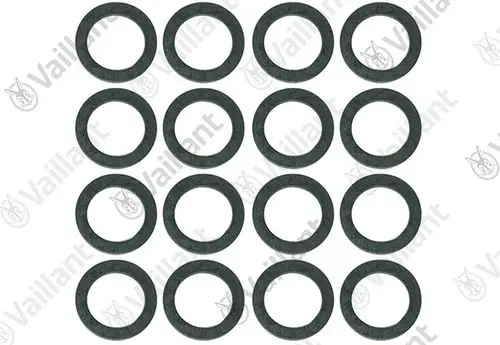 Schwarze Gummidichtungen in runder Form, angeordnet in vier Reihen, hergestellt von Vaillant. Ideal für Dichtungsanwendungen in Heizungsanlagen.